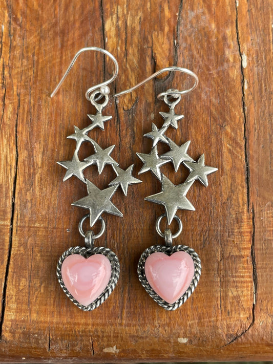 Pink Conch Heart & Stars Dangle Earrings | 925 Sterling Silver B960