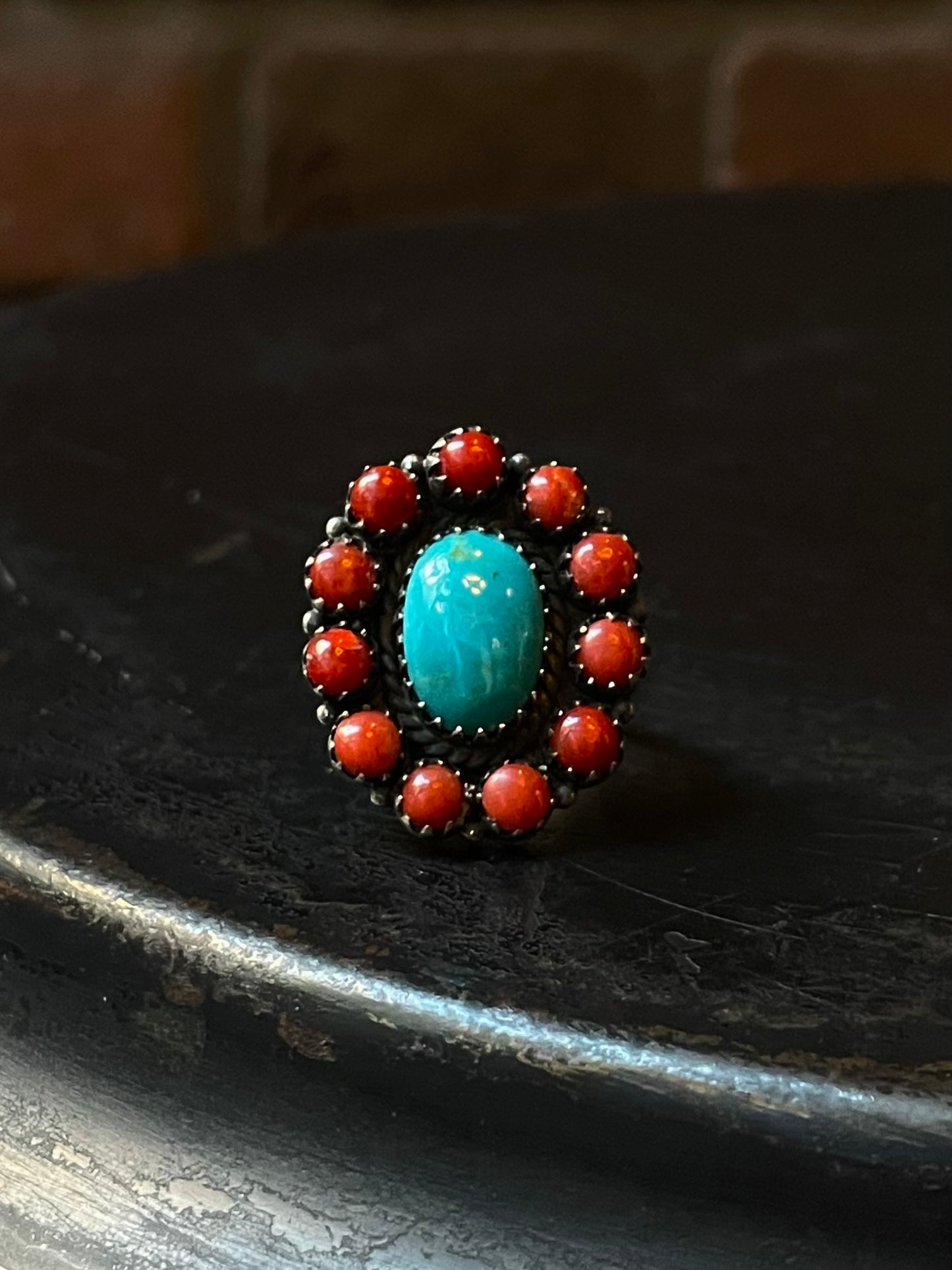 Kingman Turquoise Coral Cluster Ring | Sterling Silver | Size 9 | A208