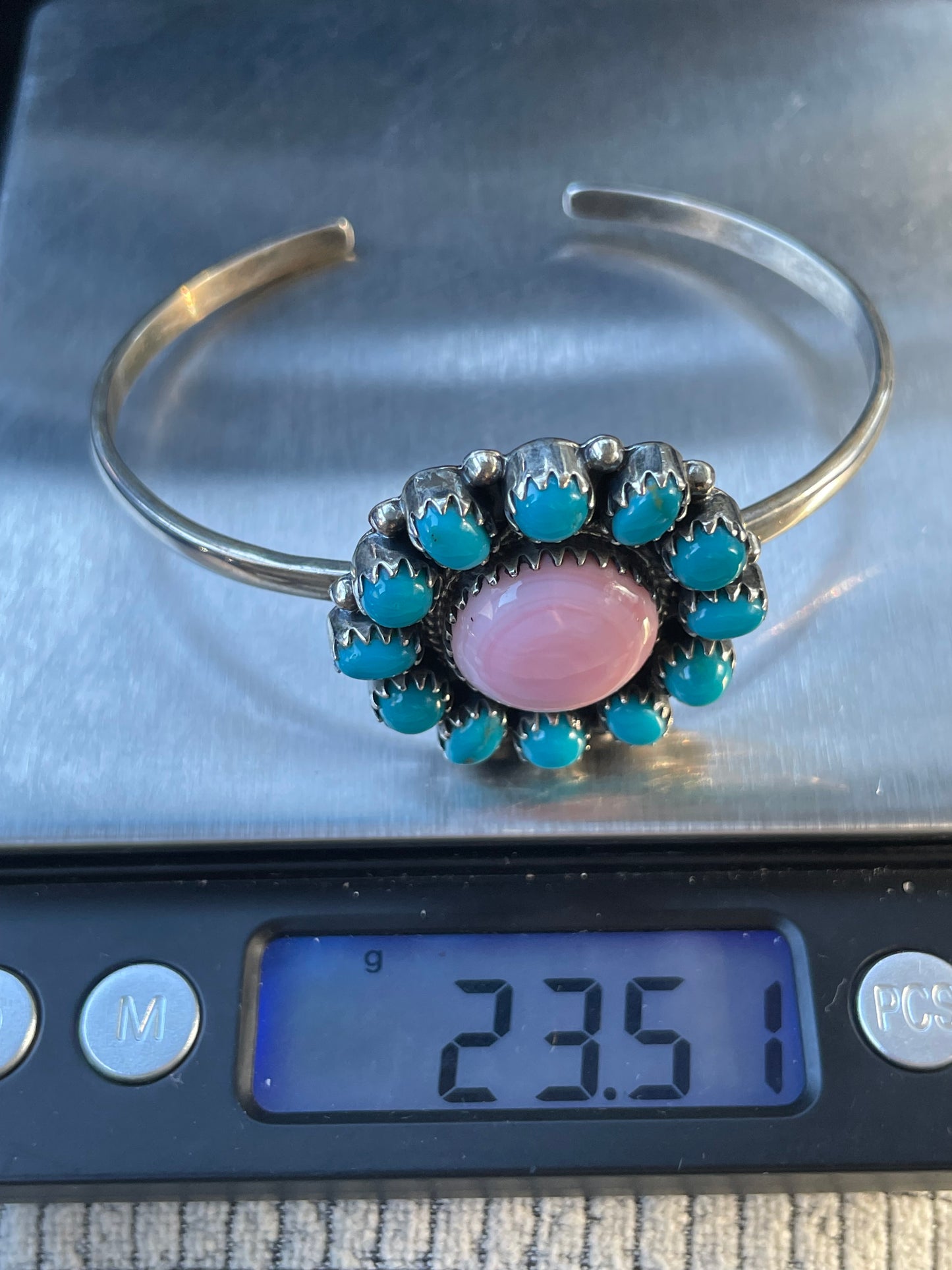Pink Conch Turquoise Cluster Cuff Bracelet | 925 Sterling Silver D113