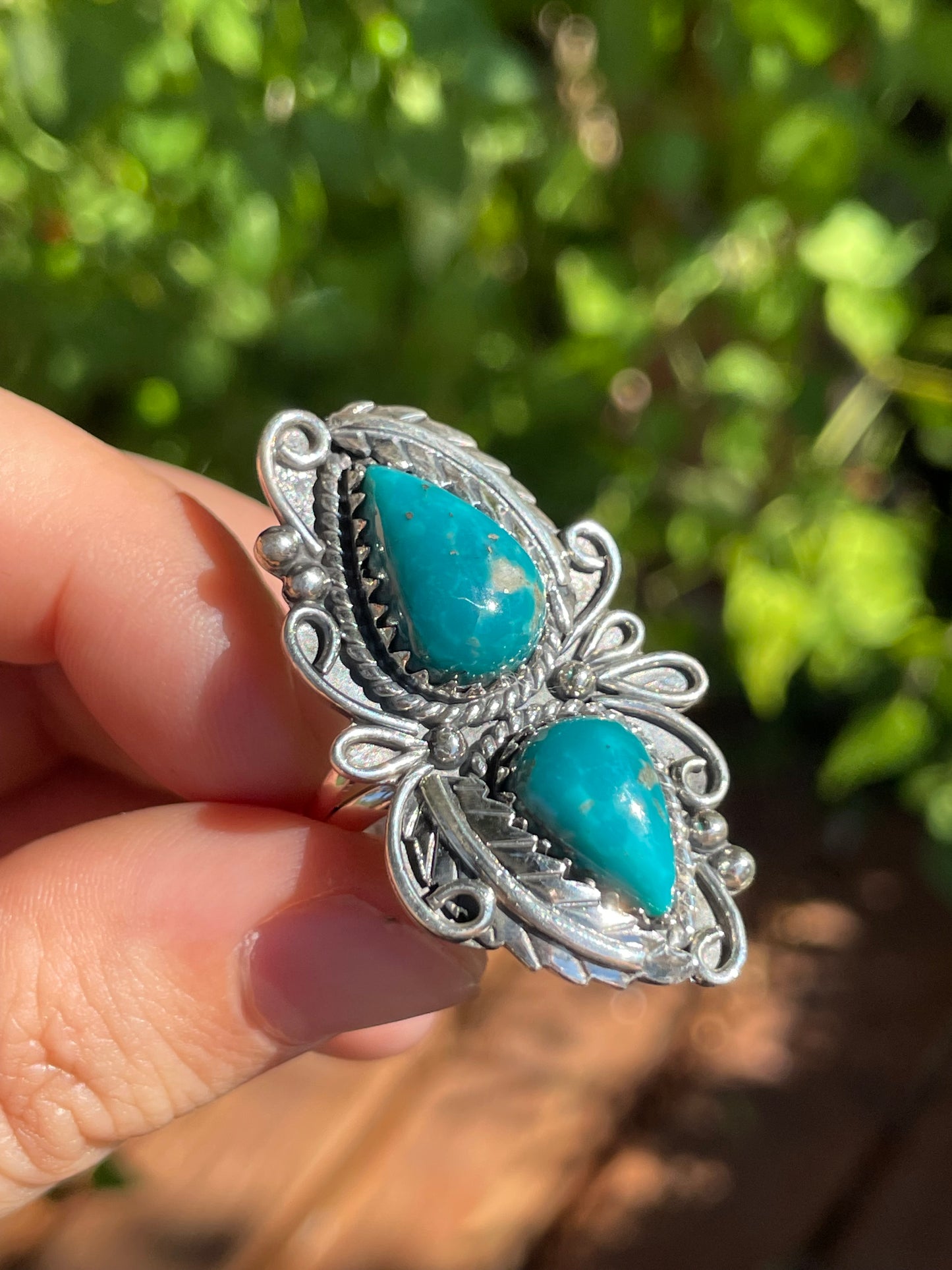 Turquoise Rope & Leaf Ring | 925 Sterling Silver | Size 7 Z9