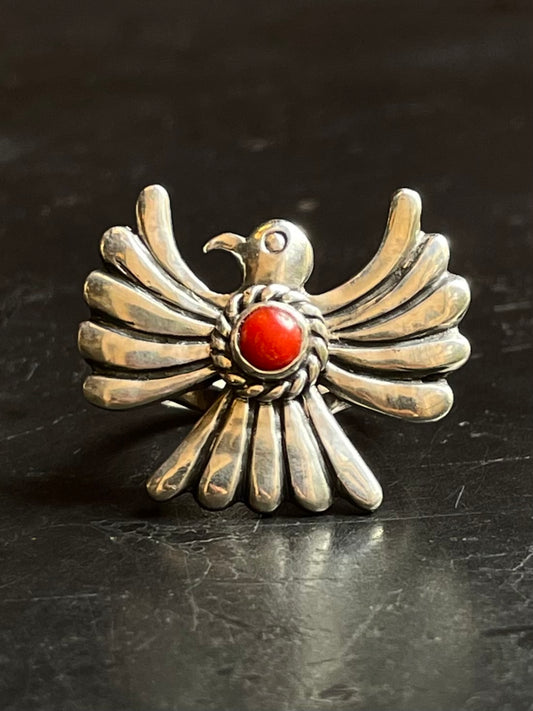 Italian Coral Thunderbird Ring Size 7 | Sterling Silver E843