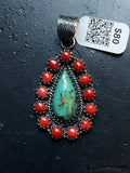 Kingman Turquoise Coral Cluster Pendant | Sterling Silver | A522