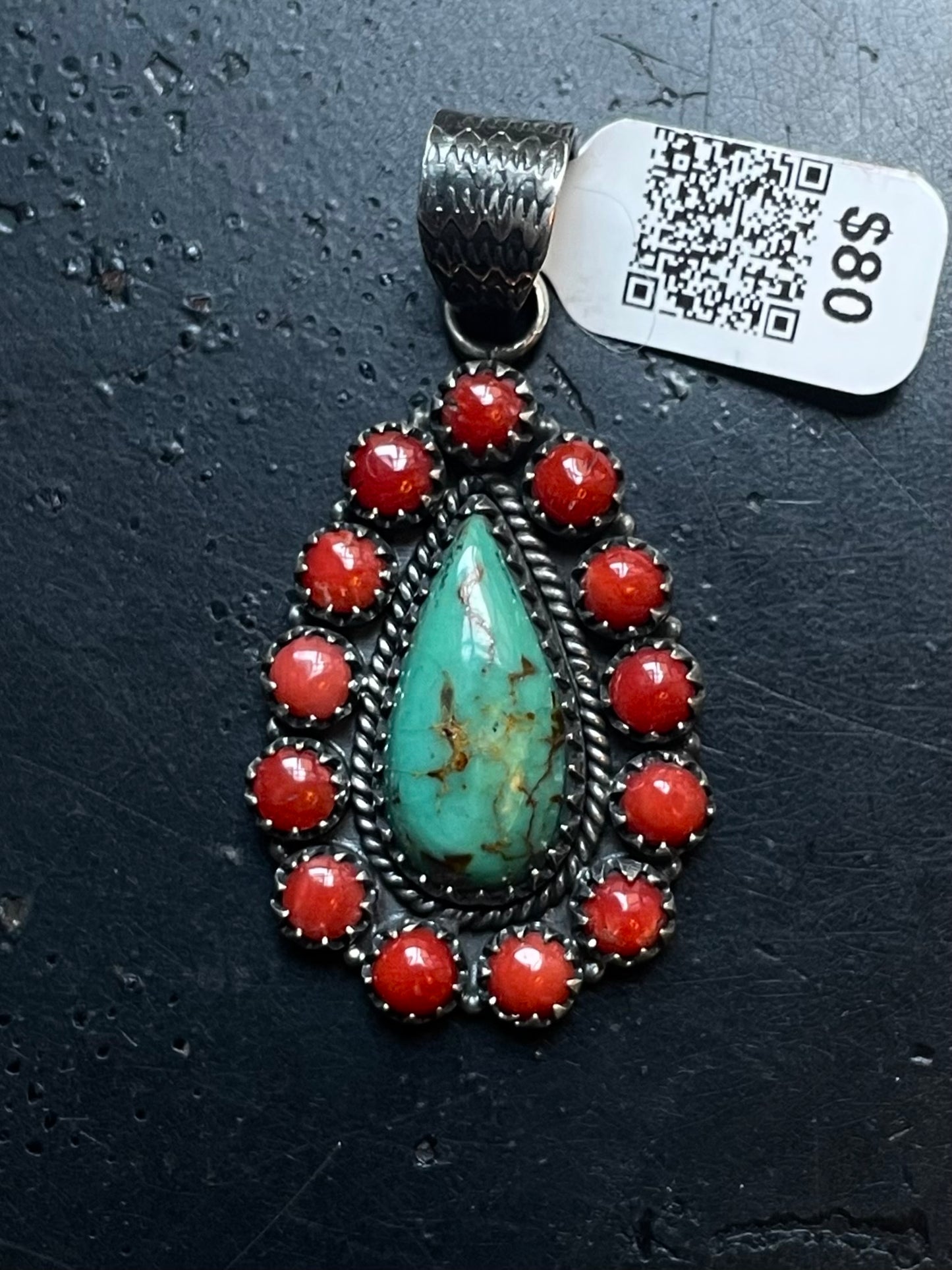 Kingman Turquoise Coral Cluster Pendant | Sterling Silver | A522