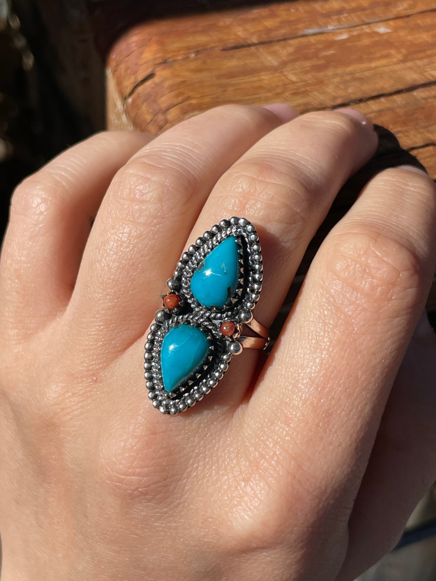 Turquoise & Coral Double Stone Ring Size 7.5 | 925 Sterling Silver B941