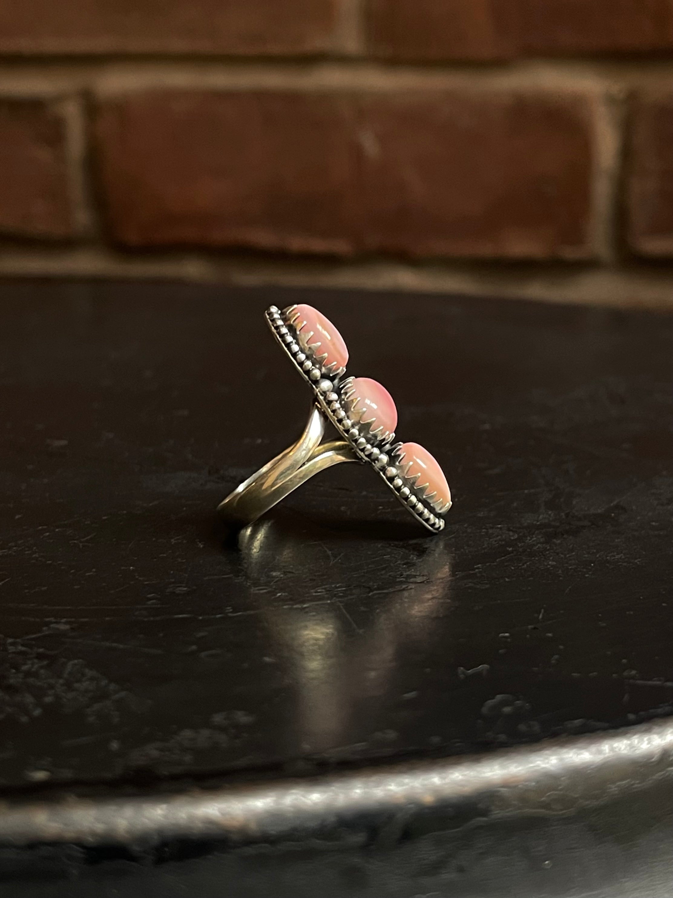 Pink Conch Triple Stone Ring Size 7 | 925 Sterling Silver G525