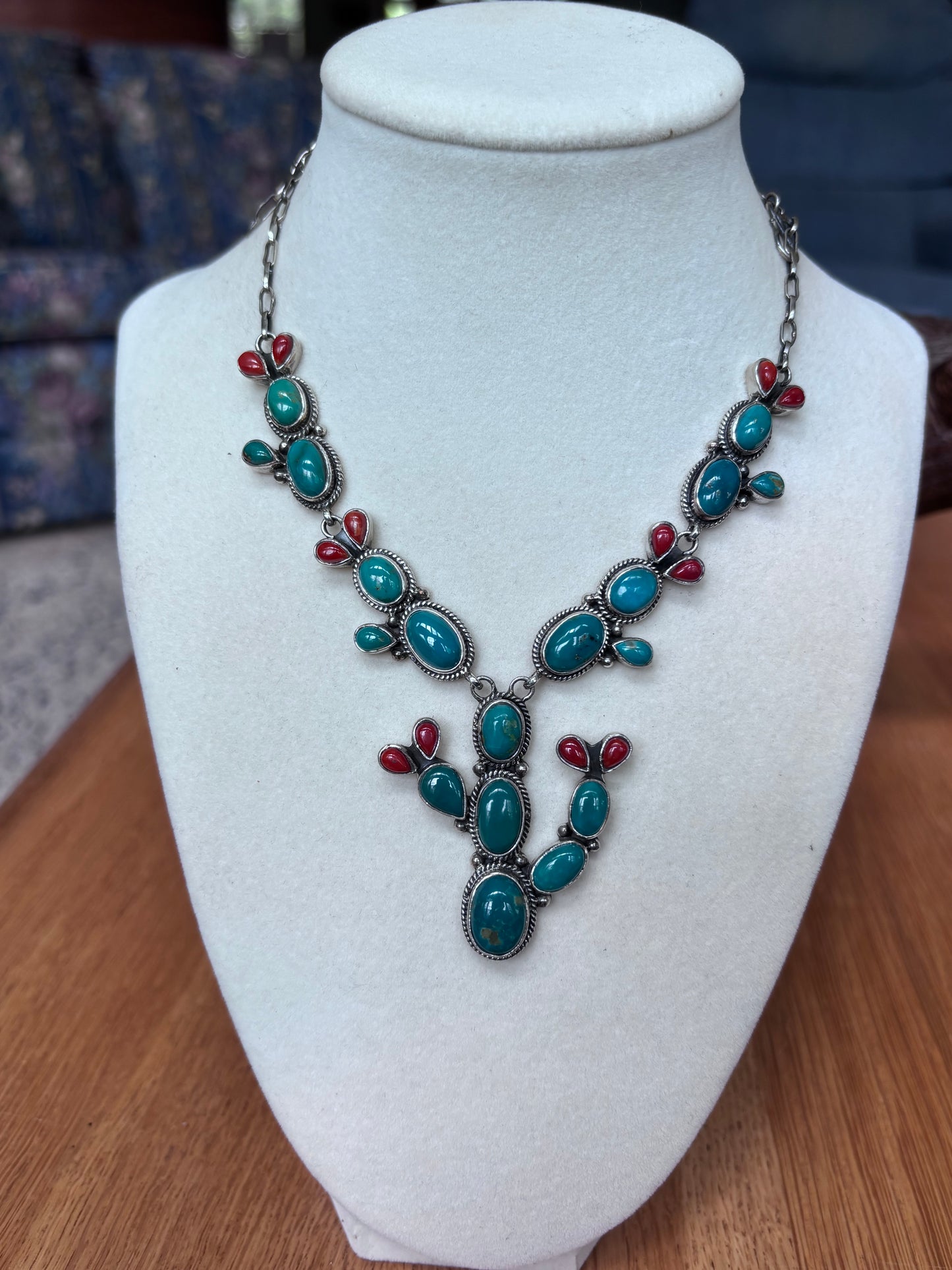 Turquoise Coral Prickly Pear Necklace | 925 Sterling Silver A106