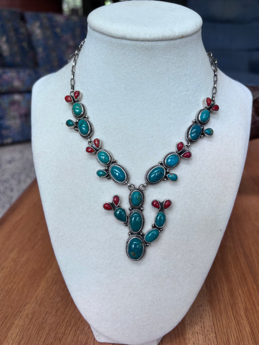 Turquoise Coral Prickly Pear Necklace | 925 Sterling Silver A106