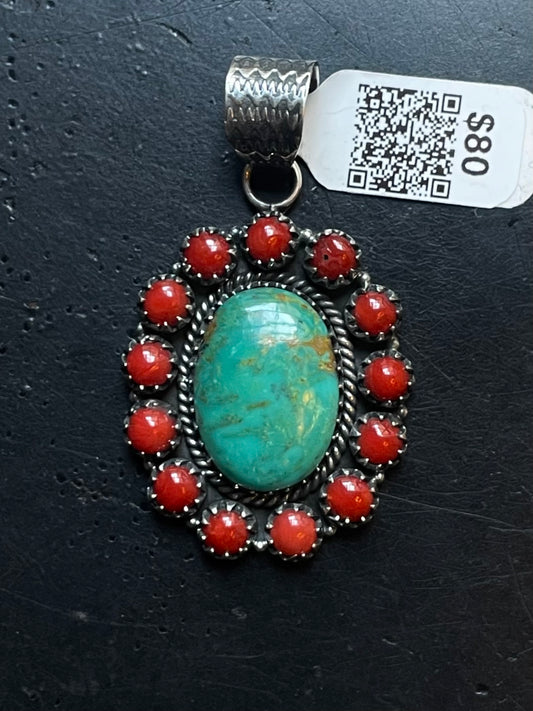 Kingman Turquoise Coral Cluster Pendant | Sterling Silver | A523