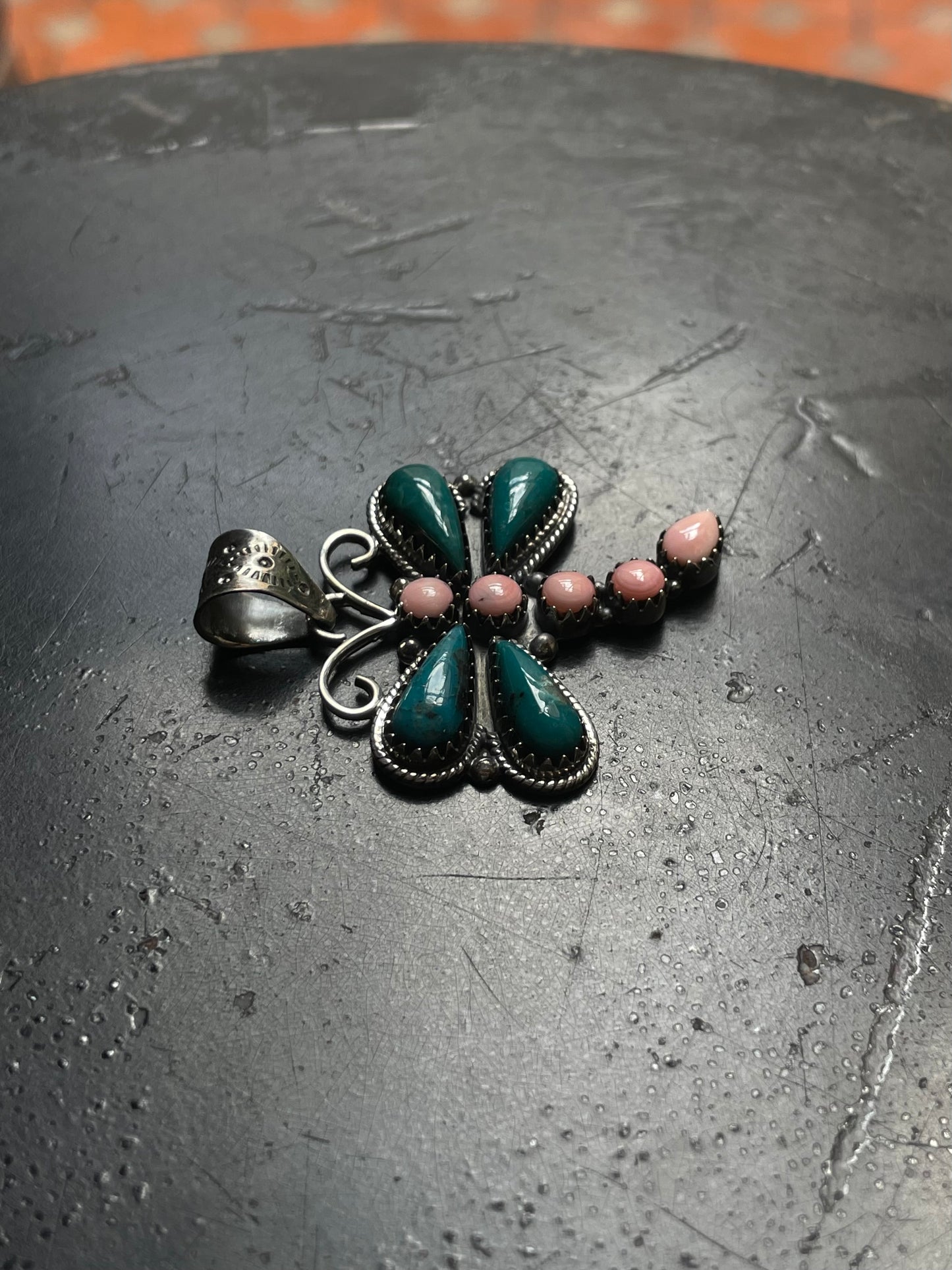 Turquoise & Pink Conch Dragonfly Pendant | 925 Sterling Silver E219