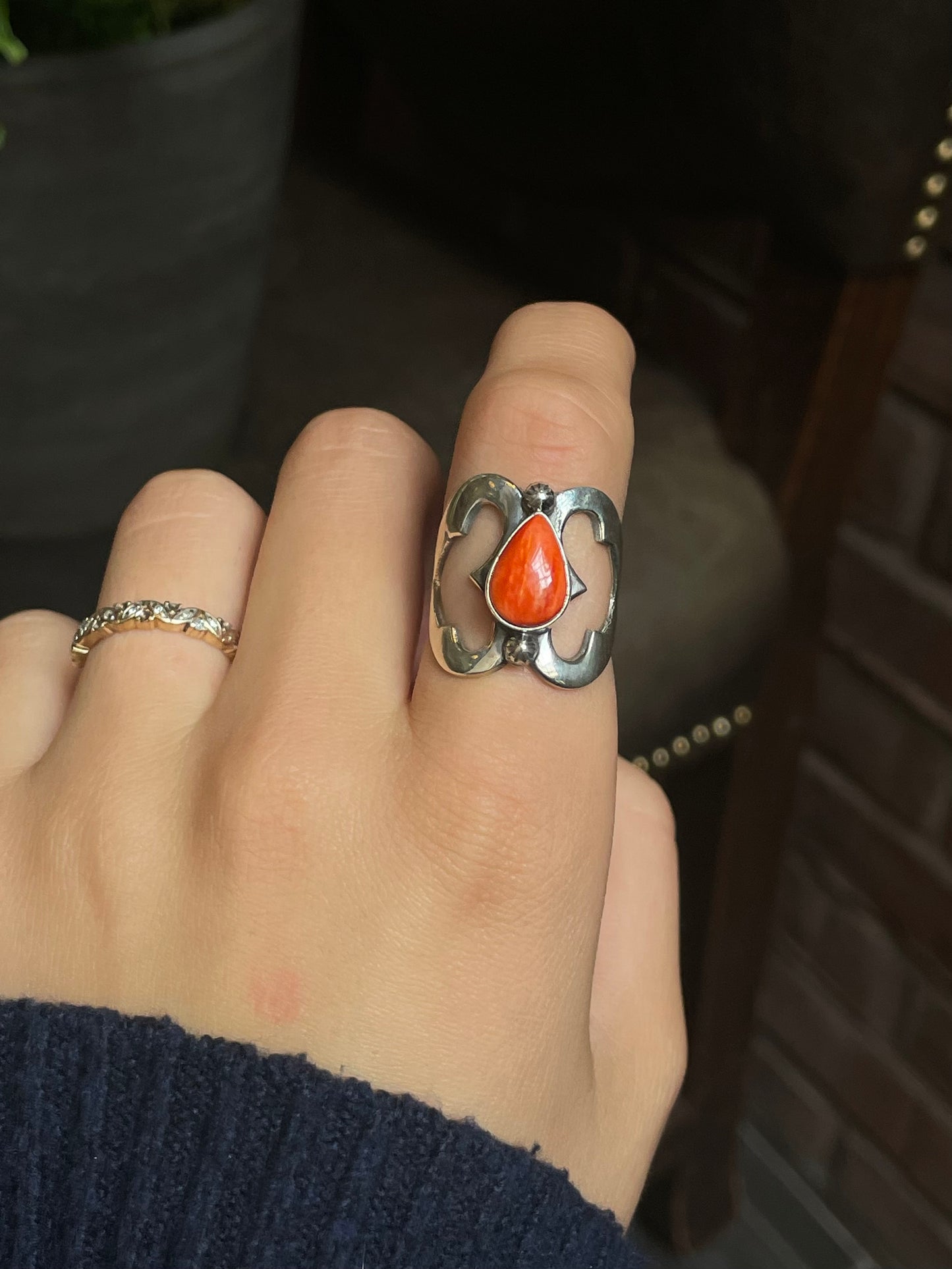 Spiny Oyster Tear Drop Ring Size 8.5 | 925 Sterling Silver G194