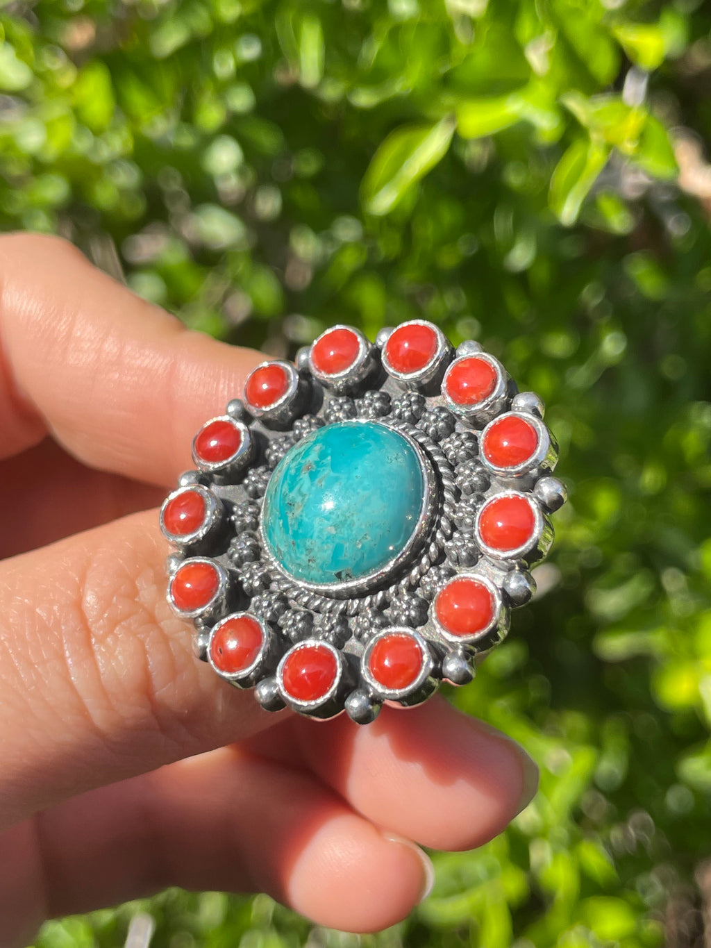 Turquoise & Coral Flower Ring Size 7 | 925 Sterling Silver B566