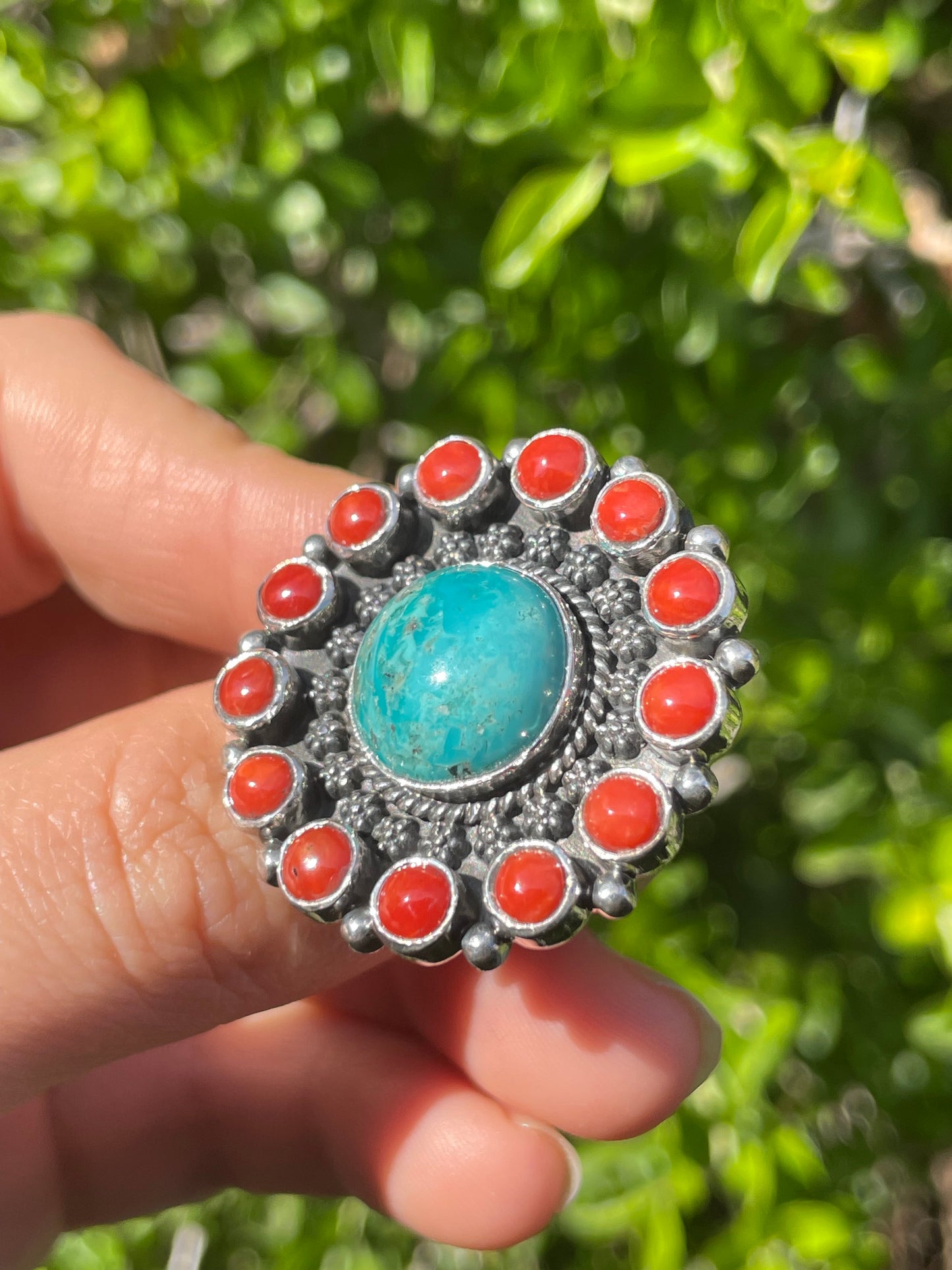 Turquoise & Coral Flower Ring Size 7 | 925 Sterling Silver B566
