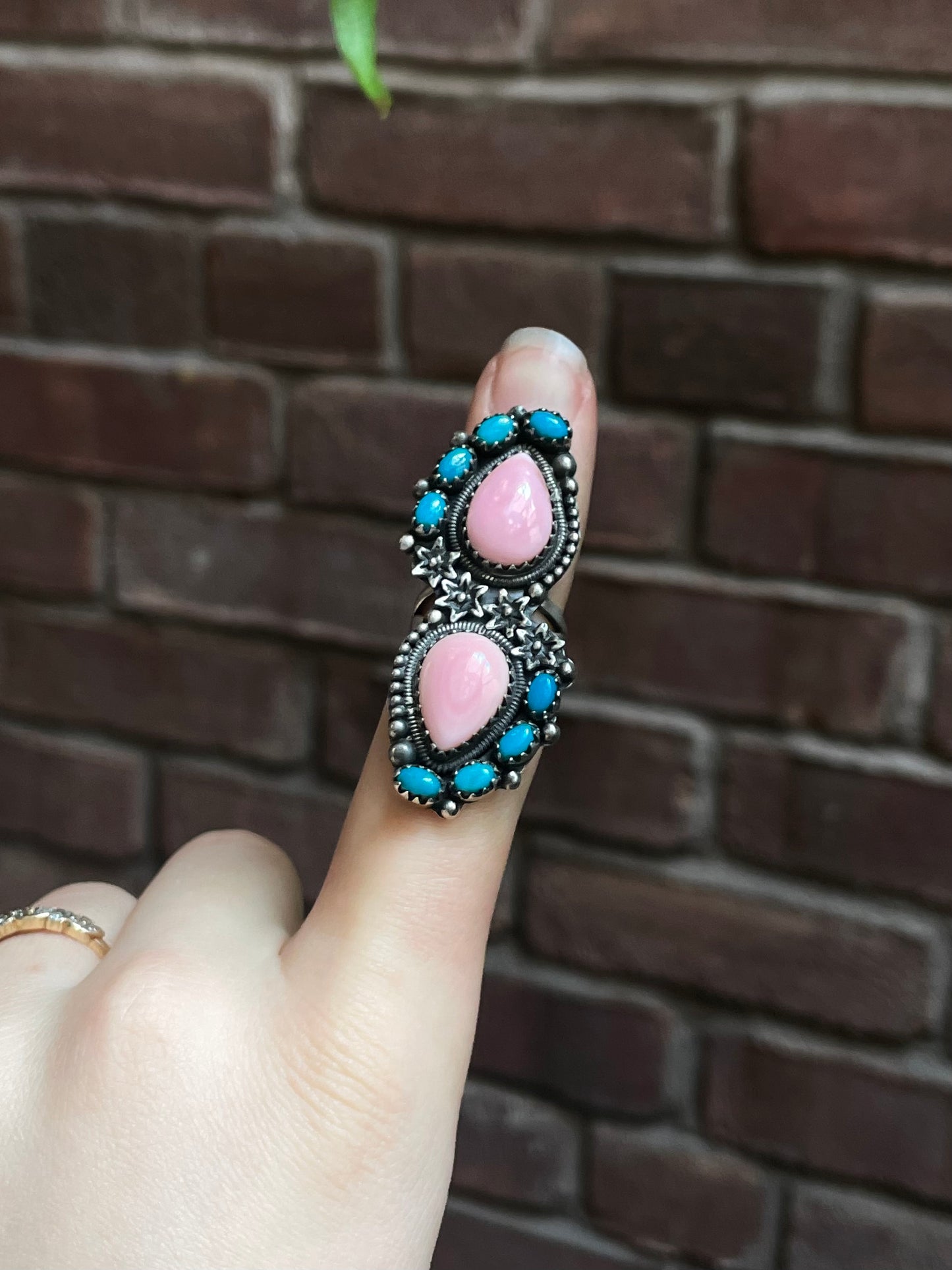 Pink Conch & Turquoise Double Teardrop Ring | 925 Sterling Silver Size 6 E299