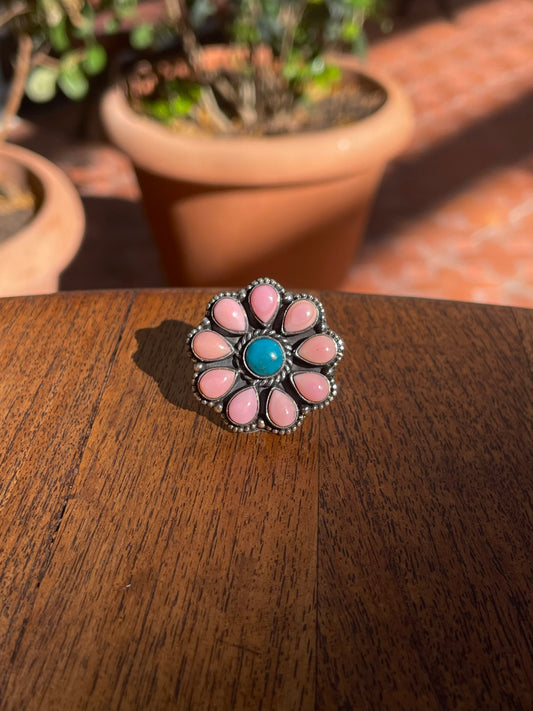 Pink Conch Turquoise Cluster Ring | Sterling Silver | Size 6 C857