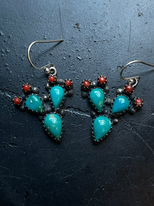 Kingman Turquoise Coral Cactus Earrings | Cluster Drop Hook E657