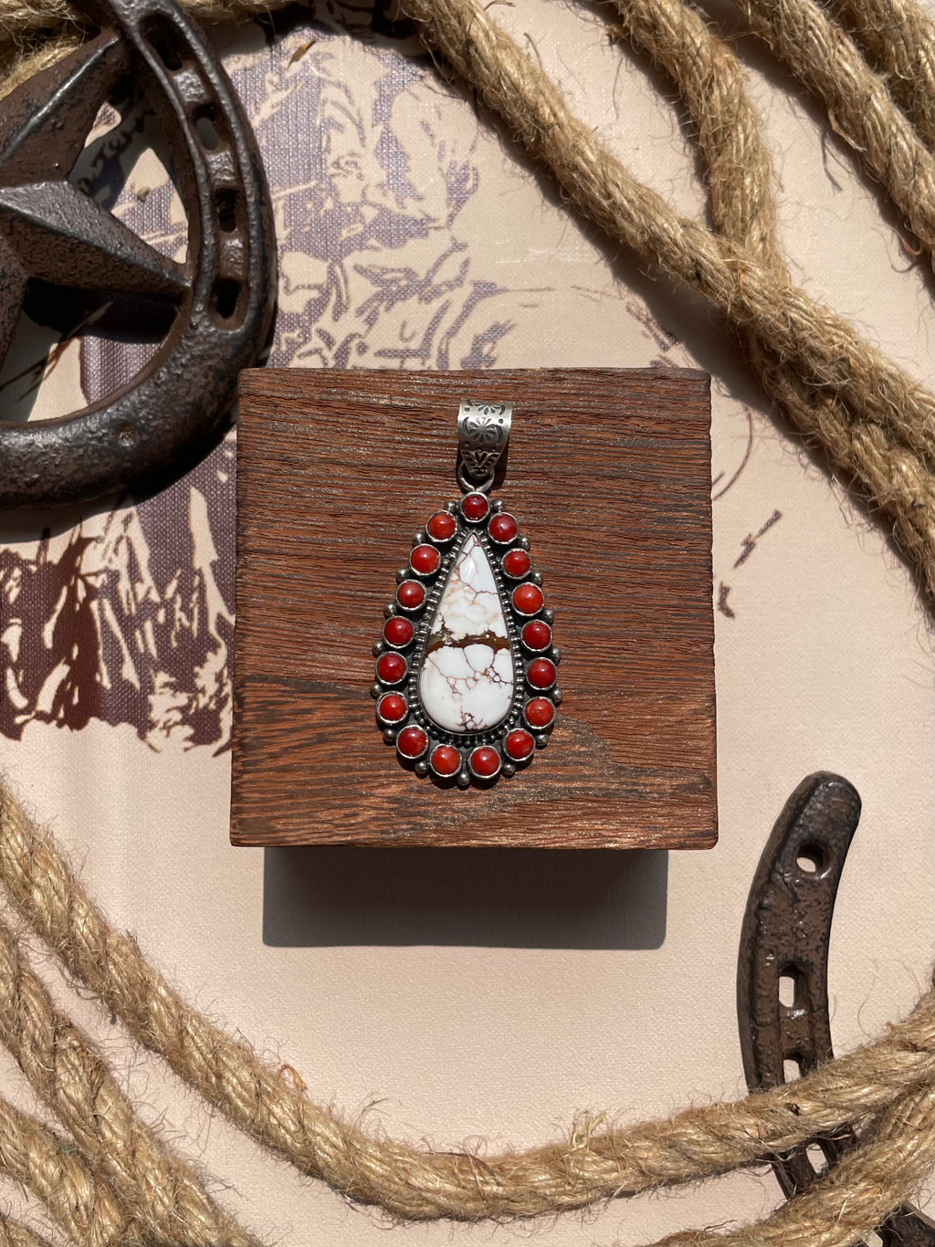 Wild Horse & Coral Teardrop Pendant | 925 Sterling Silver G699