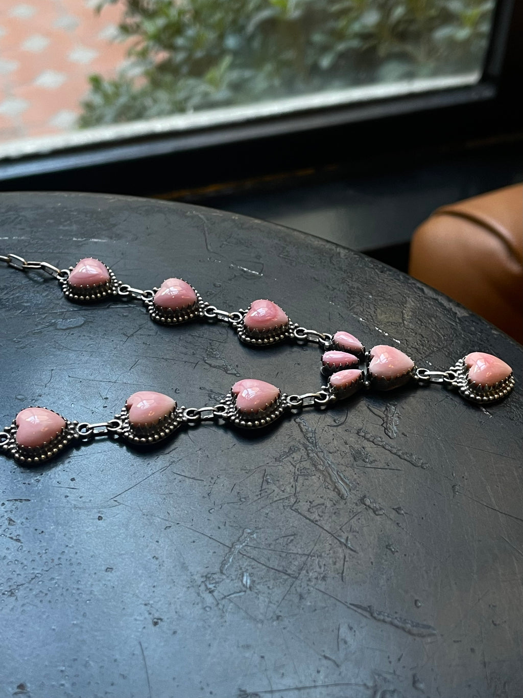 Pink Conch Heart Lariat Necklace | Drop Cluster | 925 Silver E576