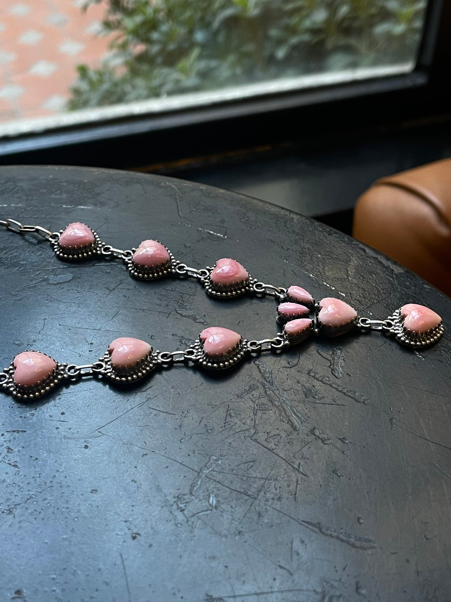 Pink Conch Heart Lariat Necklace | Drop Cluster | 925 Silver E576