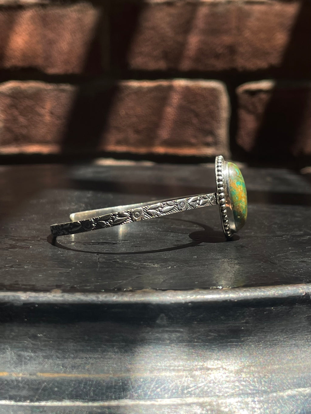 Kingman Turquoise Floral Stamped Cuff Bracelet | Sterling Silver G428