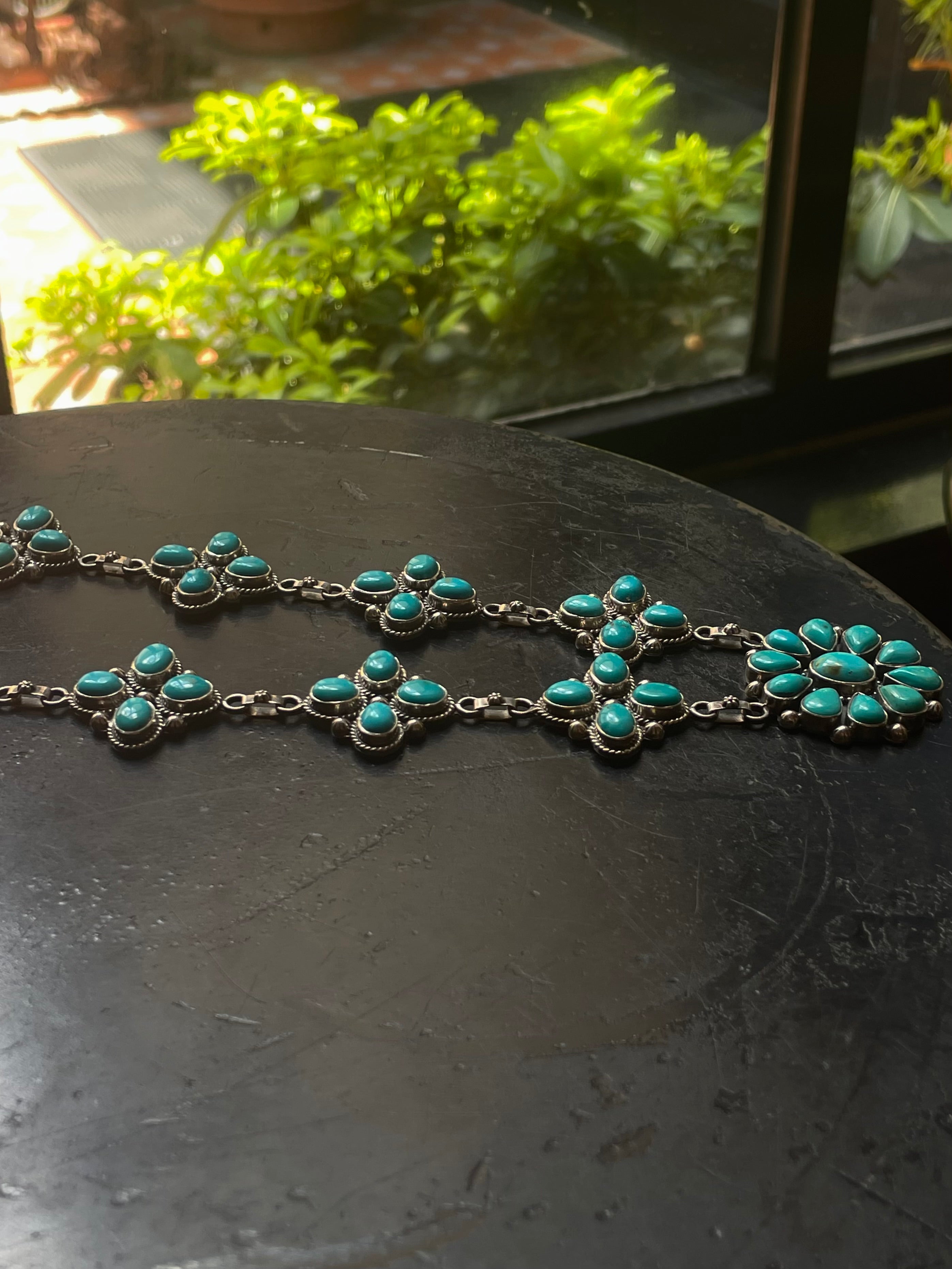 Kingman Turquoise Flower Cluster Lariat Necklace | 925 Sterling Silver G599