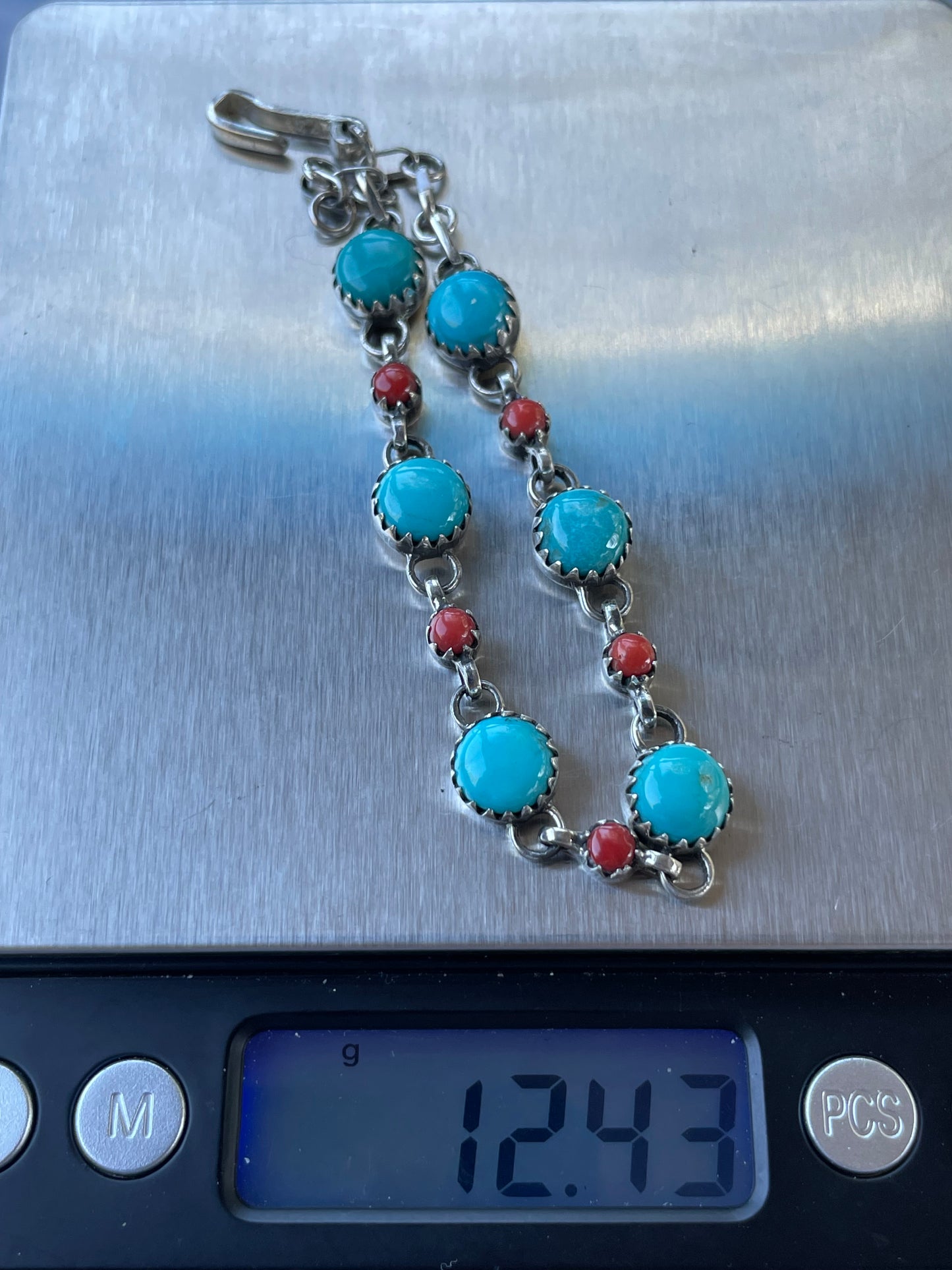 Kingman Turquoise and Italian Coral Link Bracelet | 925 Sterling Silver B918