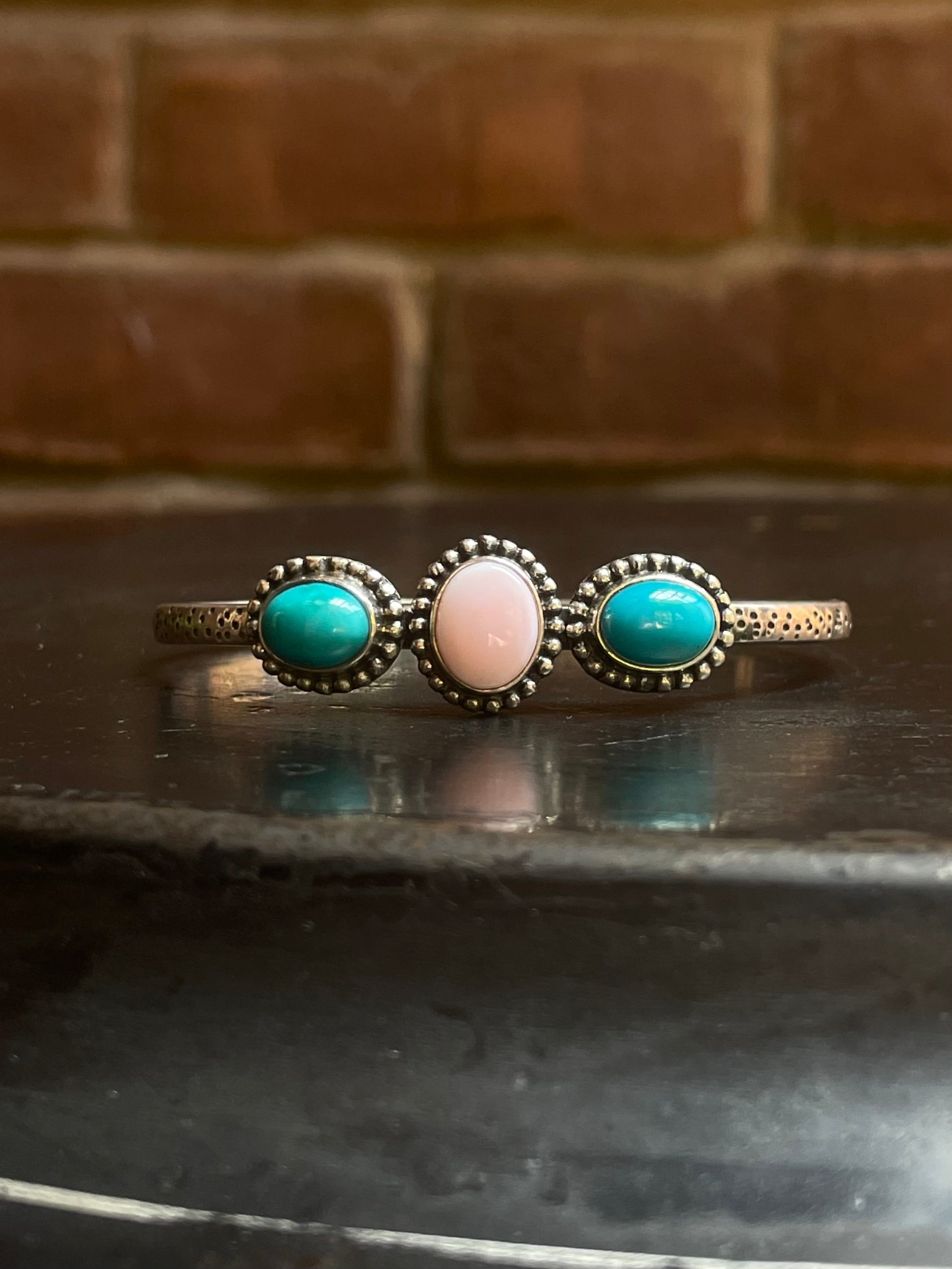Pink Conch & Kingman Turquoise Cuff Bracelet | 925 Sterling Silver G614