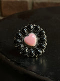 Black Onyx & Pink Conch Flower Ring | 925 Sterling Silver Size 7.75 G568
