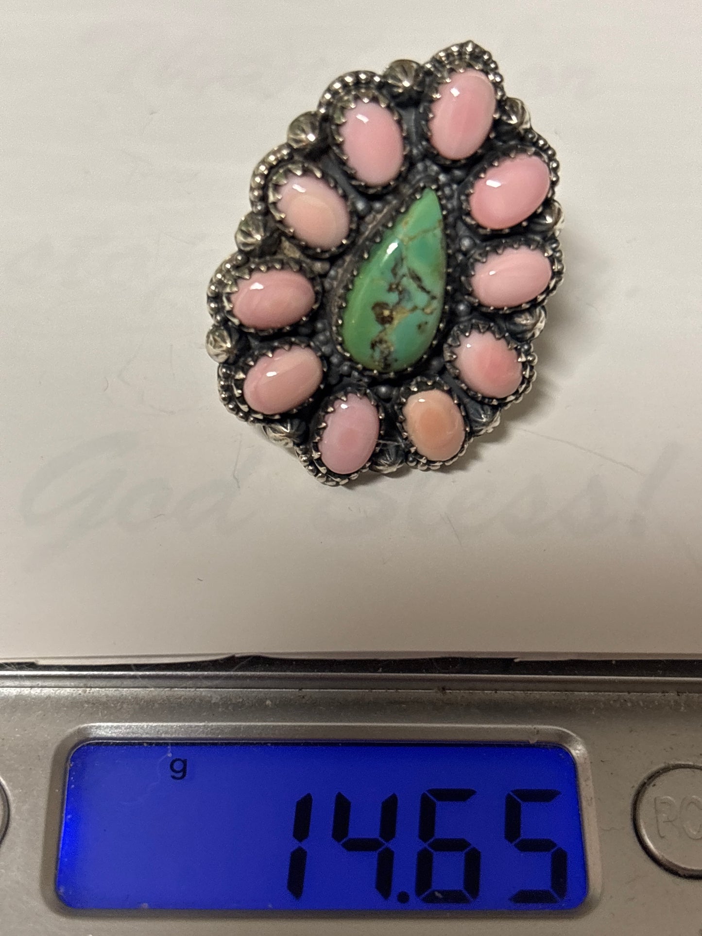 Pink Conch & Kingman Turquoise Cluster Ring Size 8 | 925 Sterling Silver C865