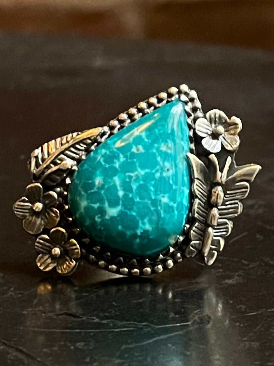 Kingman Turquoise Floral Ring Size 7 | 925 Sterling Silver G494