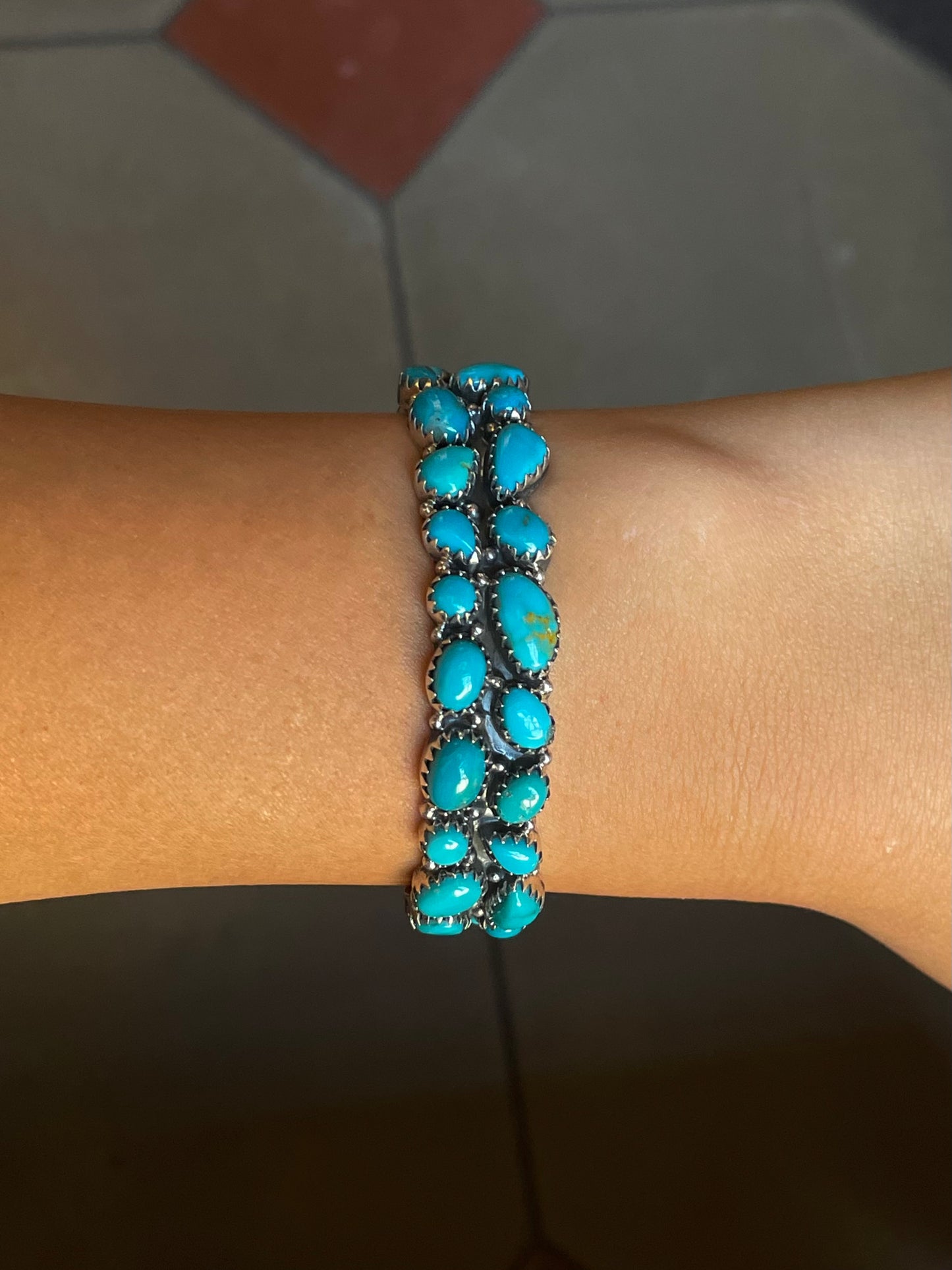 Kingman Turquoise Double Row Cluster Cuff Bracelet | Sterling Silver G458