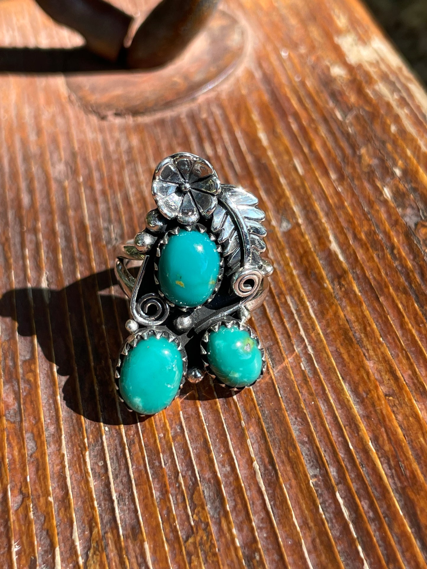 Turquoise Triple Stone Floral Ring Size 6 | Sterling Silver 925 B380