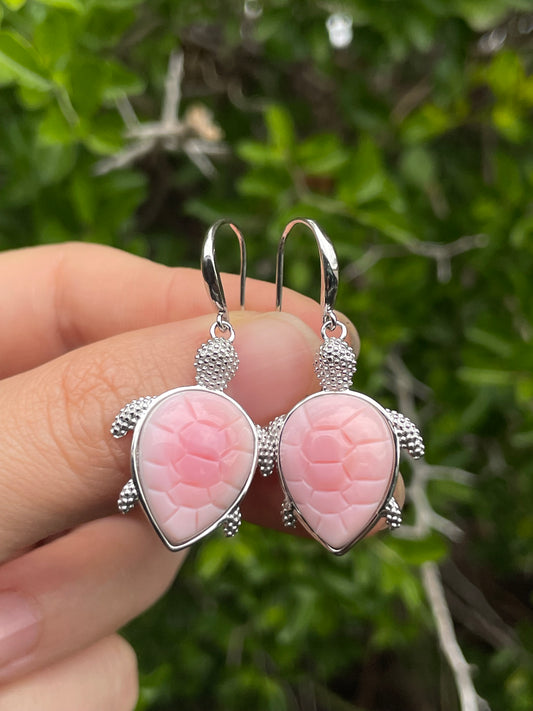 Pink Conch Turtle Dangle Earrings | 925 Sterling Silver B614