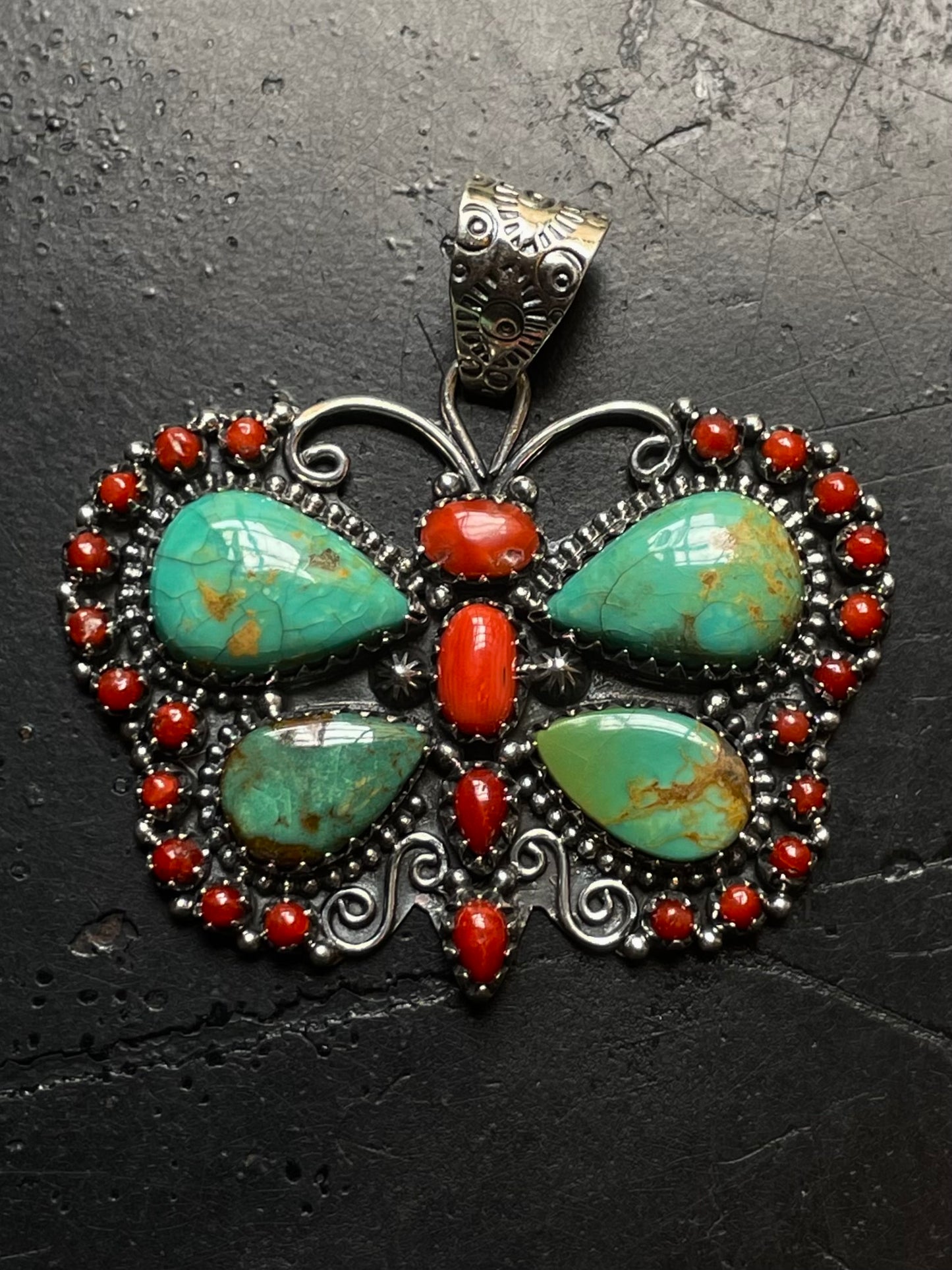 Turquoise Coral Butterfly Pendant | 925 Sterling Silver E526