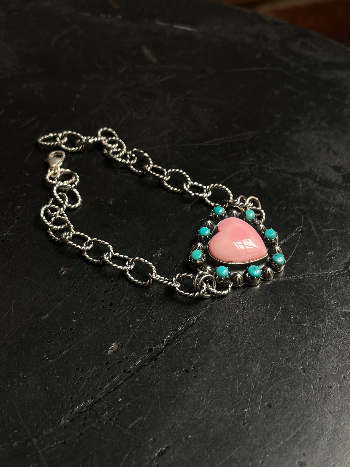 Pink Conch Heart Kingman Turquoise Link Bracelet | 925 Sterling Silver E104