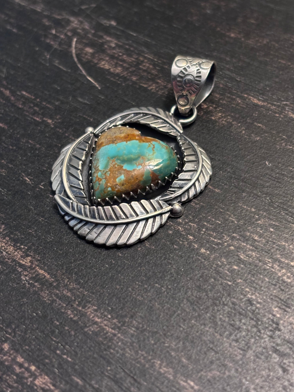 Kingman Turquoise Heart Feather Pendant | Sterling Silver Southwestern Style A085