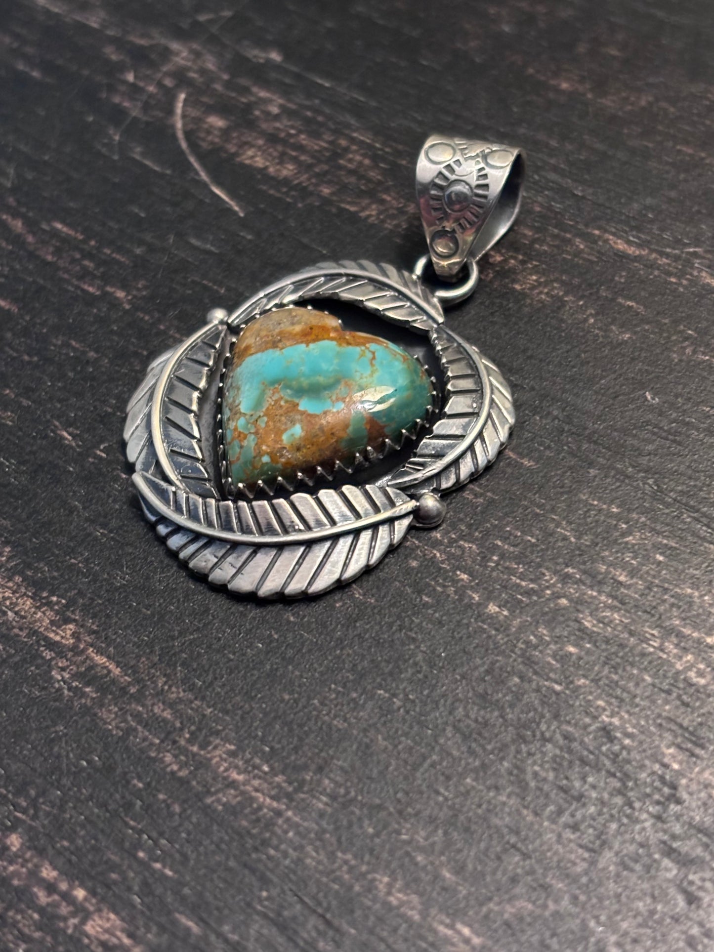 Kingman Turquoise Heart Feather Pendant | Sterling Silver Southwestern Style A085