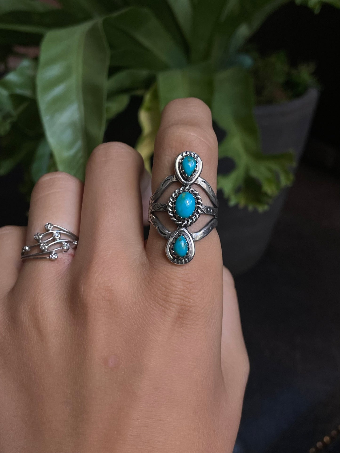 Kingman Turquoise Triple Stone Ring | Sterling Silver | Size 9 G386