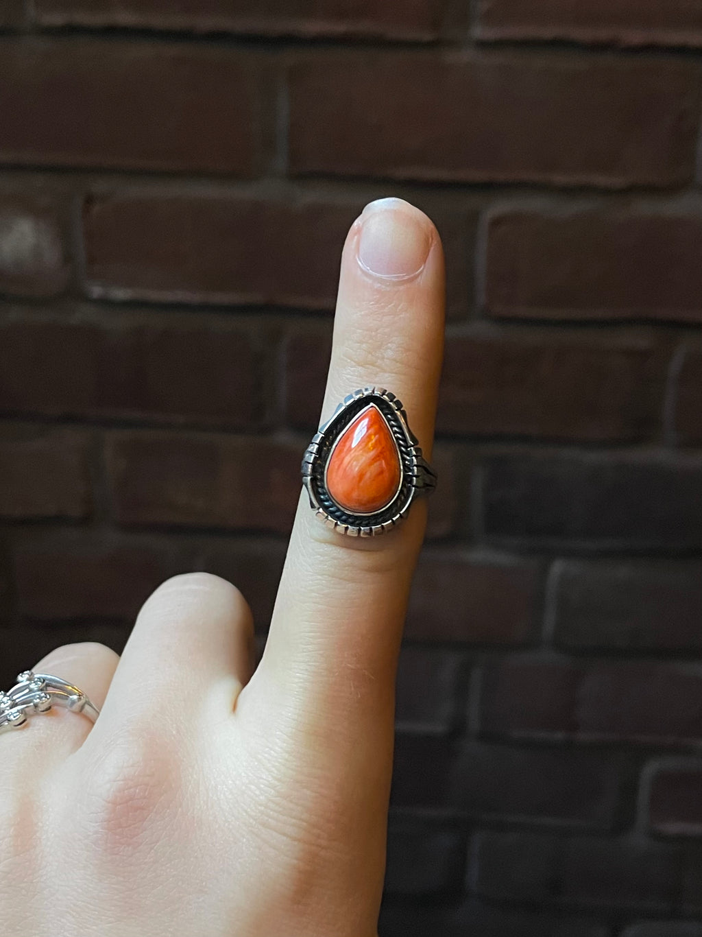 Orange Spiny Oyster Teardrop Ring Size 8 | 925 Sterling Silver E426