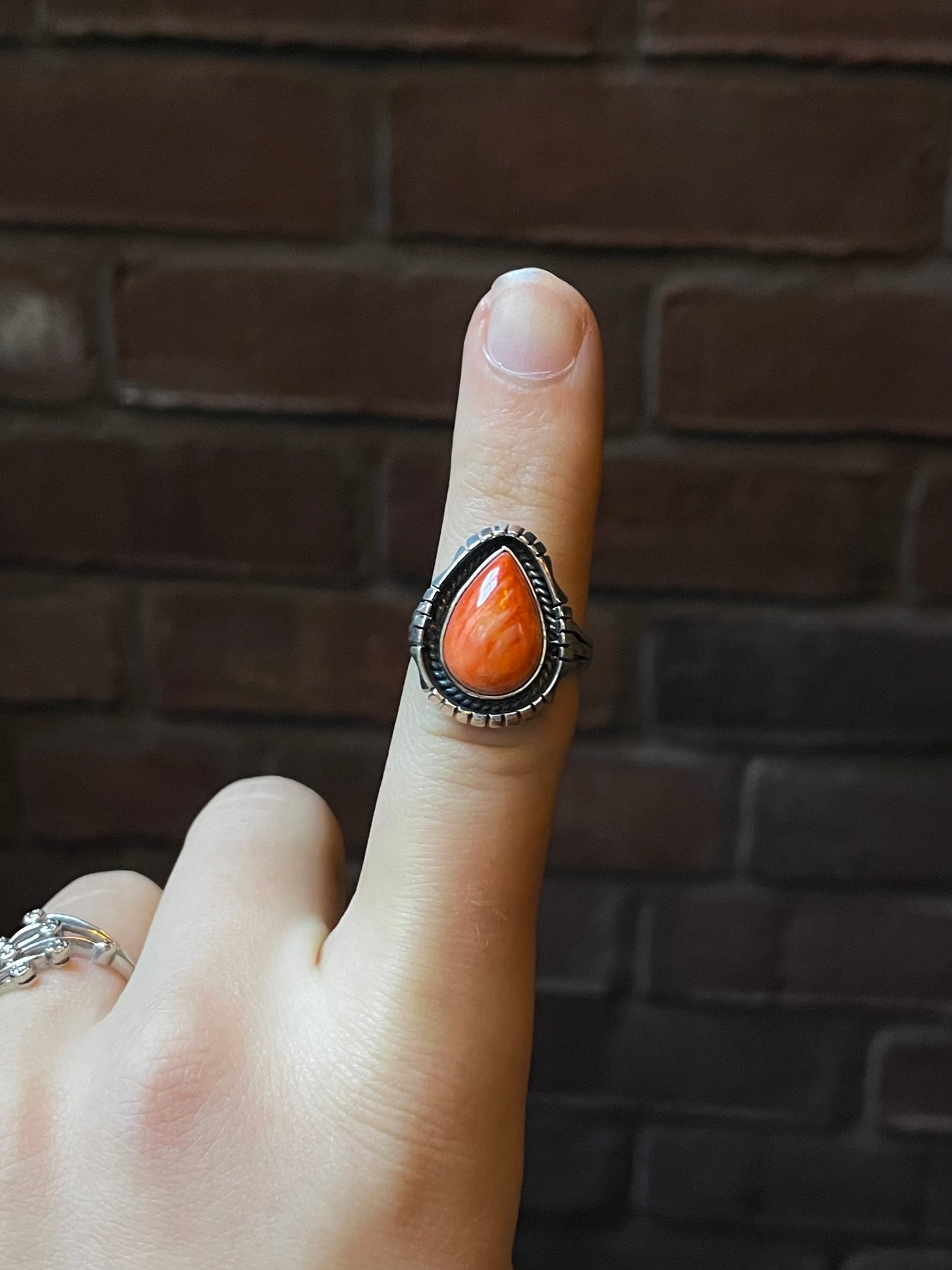 Orange Spiny Oyster Teardrop Ring Size 8 | 925 Sterling Silver E426