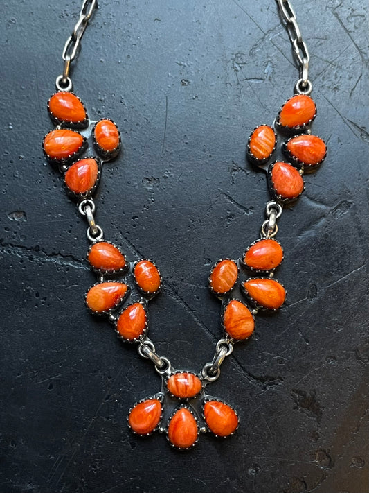 Spiny Oyster Cluster Necklace | Floral Station Design | 925 Silver E591