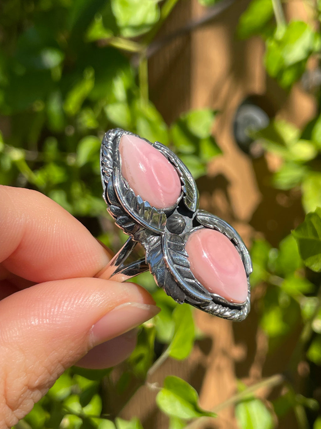 Pink Conch Double Stone Leaf Ring | 925 Sterling Silver | Size 9 B277