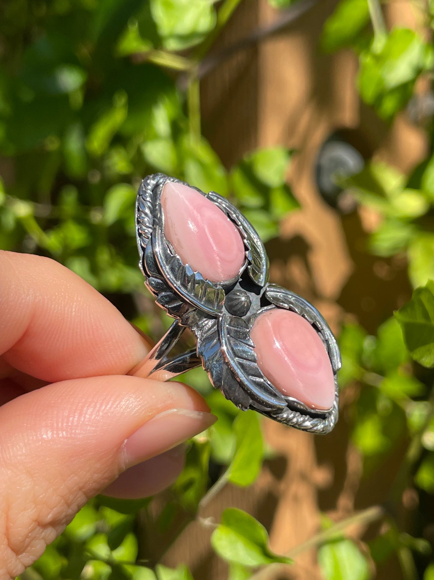 Pink Conch Double Stone Leaf Ring | 925 Sterling Silver | Size 9 B277