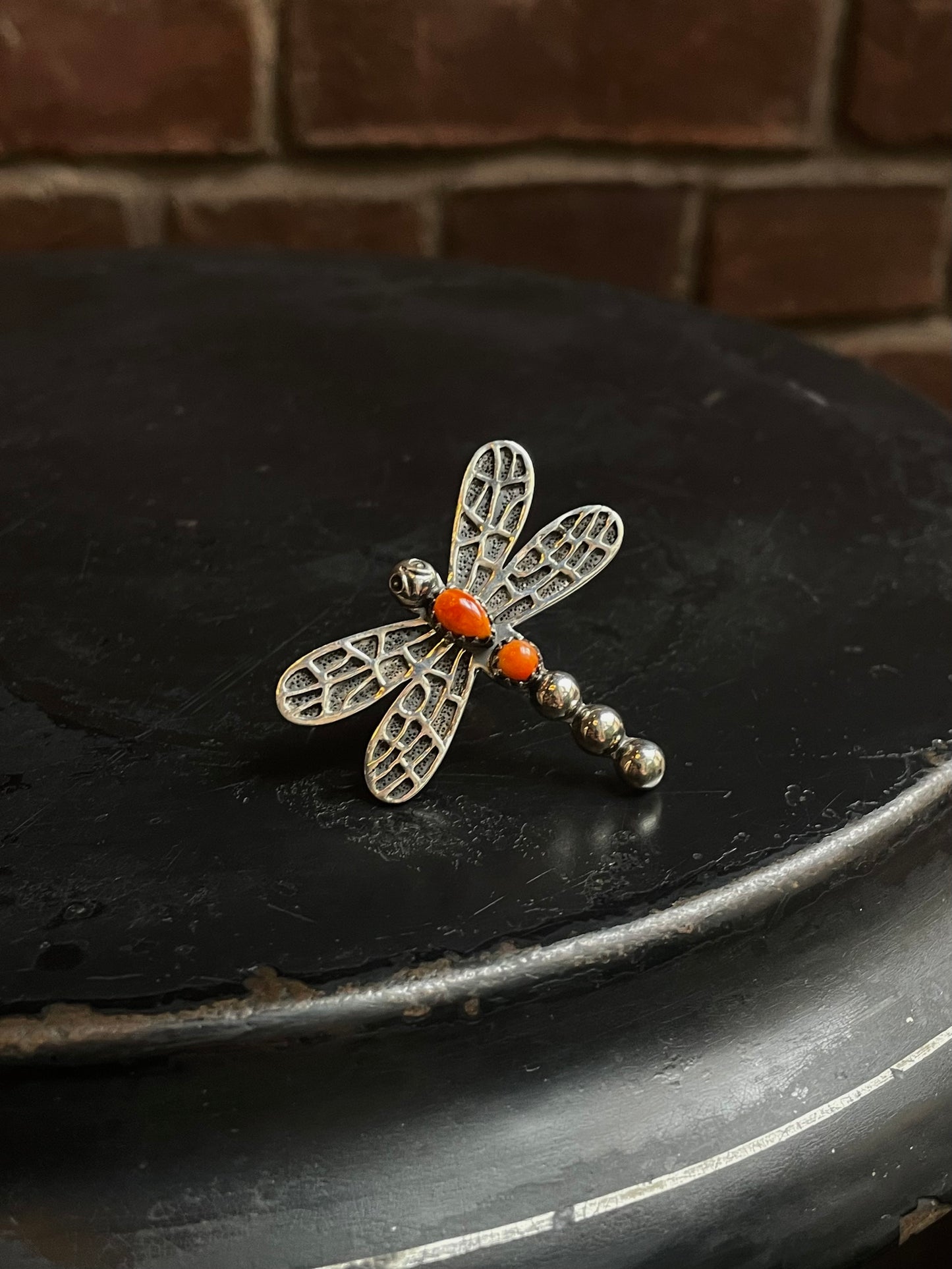 Coral & Spiny Dragonfly Ring | Sterling Silver | Handmade Size 7 C921