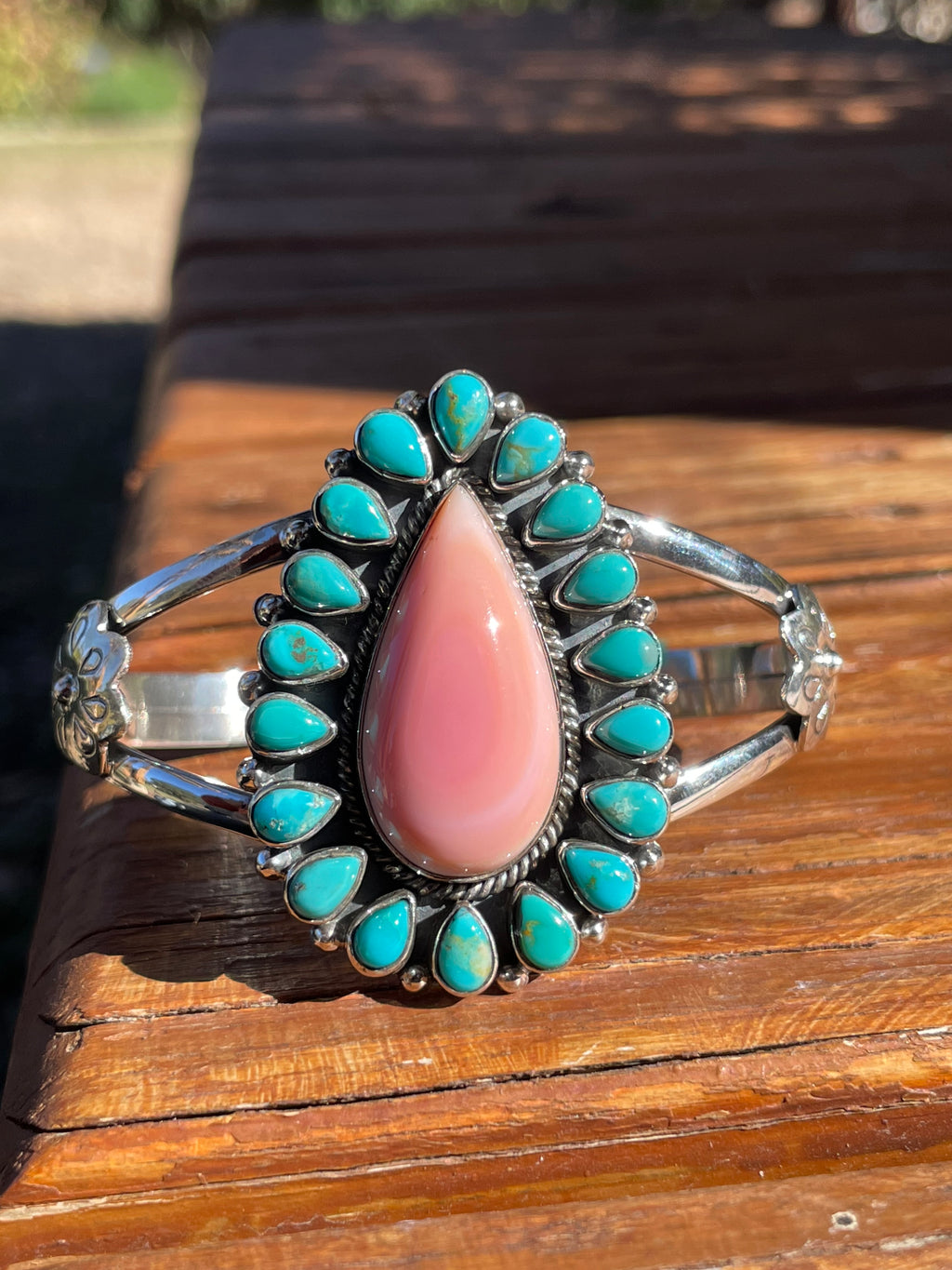 Pink Conch and Turquoise Cuff Bracelet | Sterling Silver 925 B881