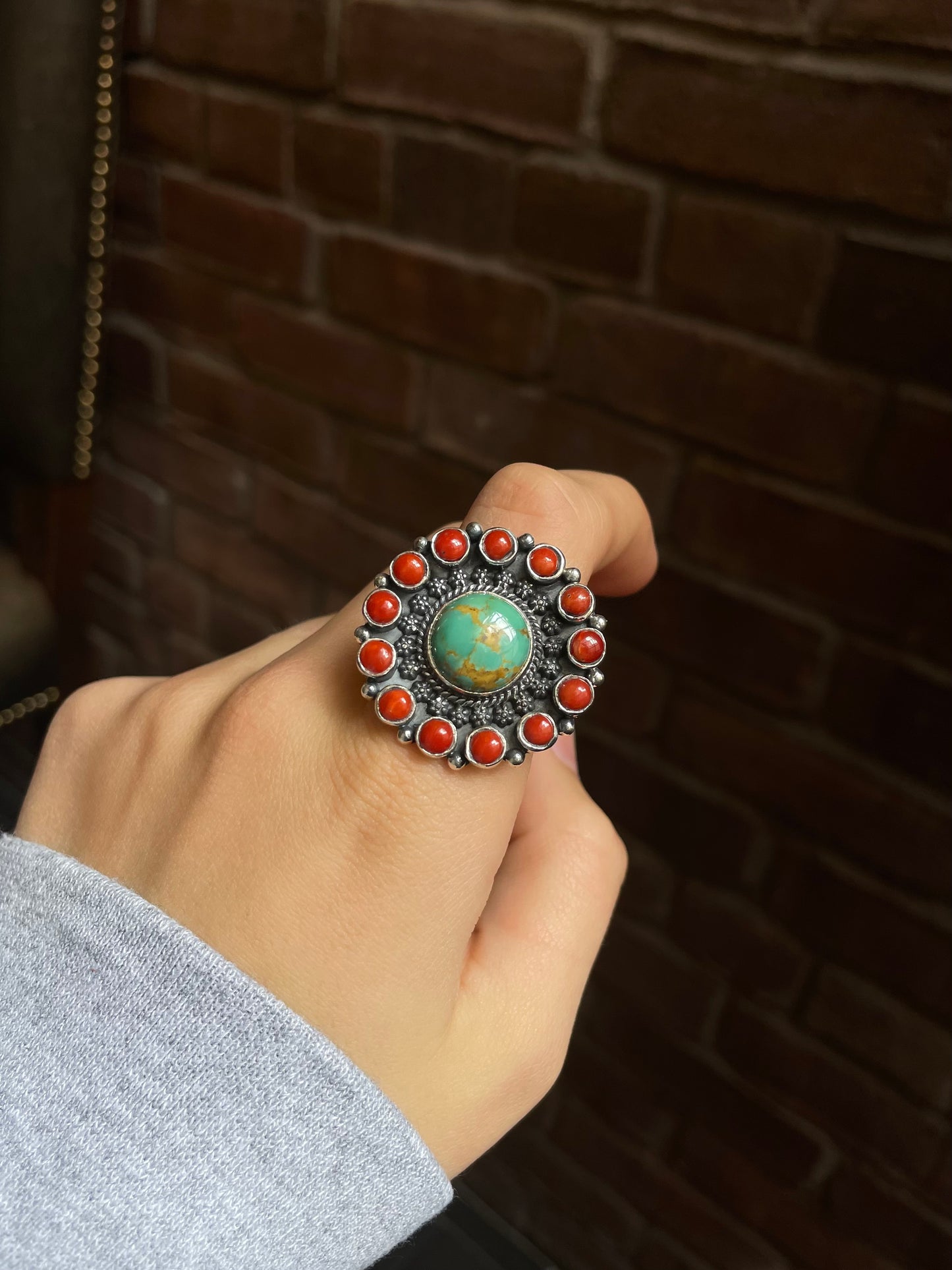 Kingman Turquoise Coral Cluster Ring | Sterling Silver 925 | Size 8 C595