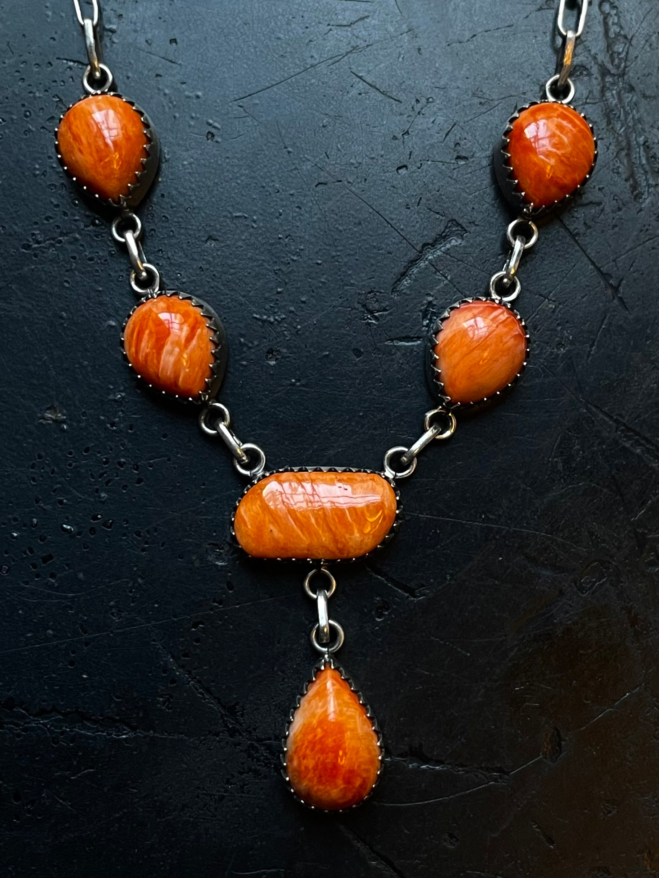 Orange Spiny Oyster Drop Necklace | 925 Sterling Silver E601