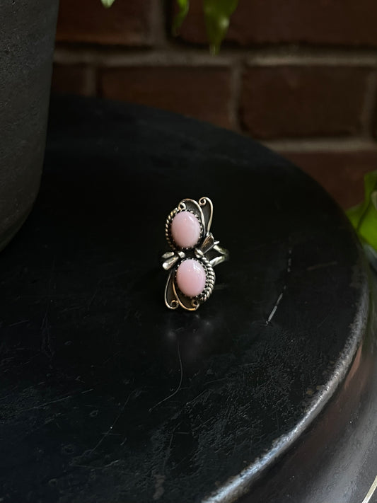 Pink Conch Squash Blossom Double Stone Ring | Sterling Silver 925 Size 7 C728
