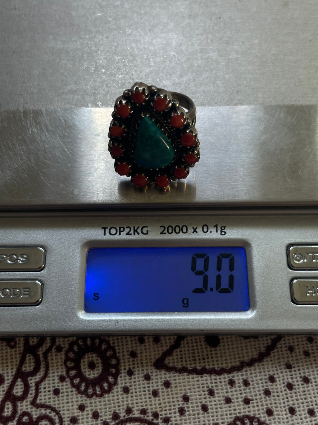Turquoise & Italian Coral Cluster Ring | 925 Sterling Silver | Size 7.25 D340