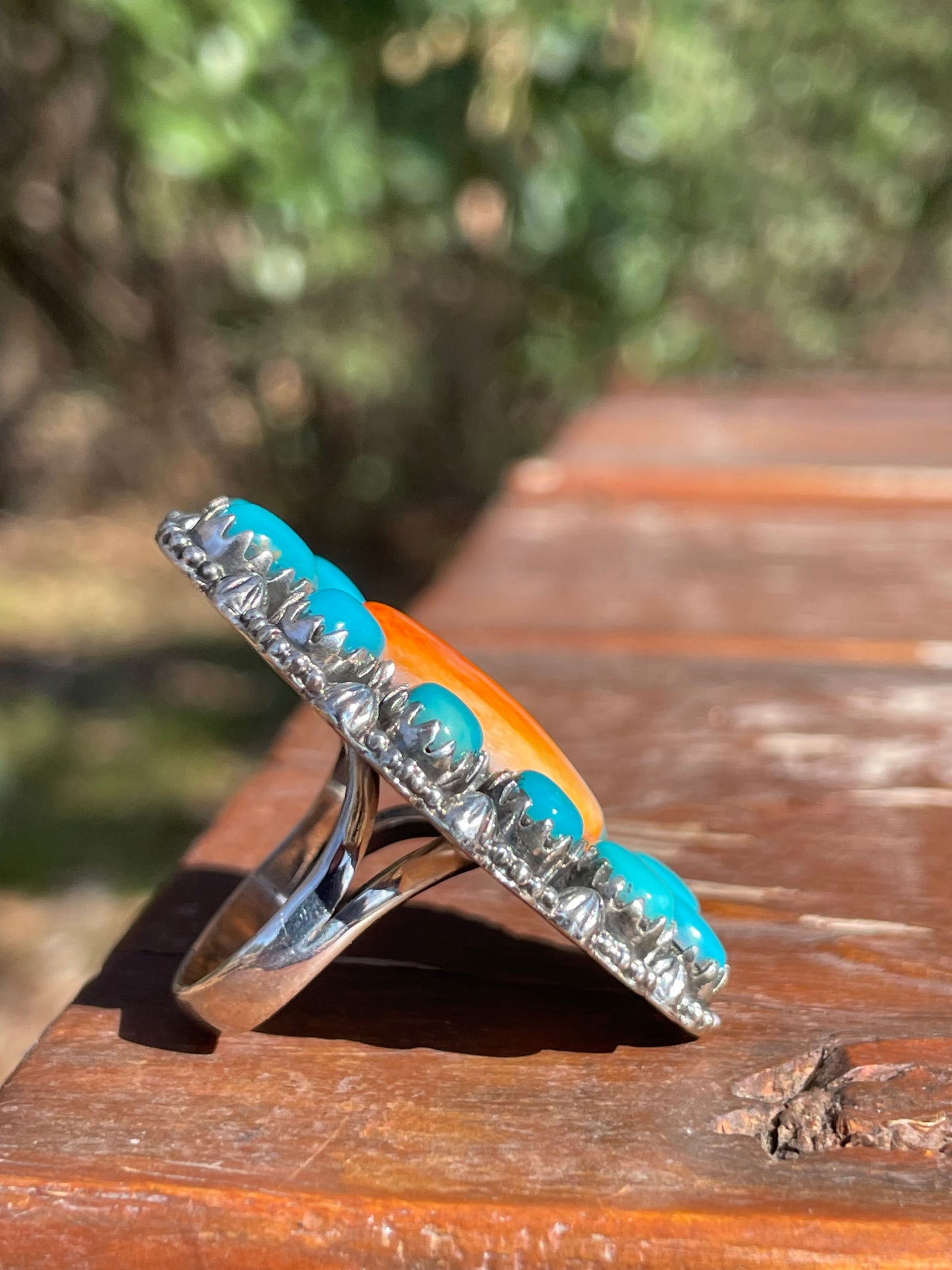 Spiny Oyster Kingman Turquoise Cluster Ring Size 6 | 925 Sterling Silver B999