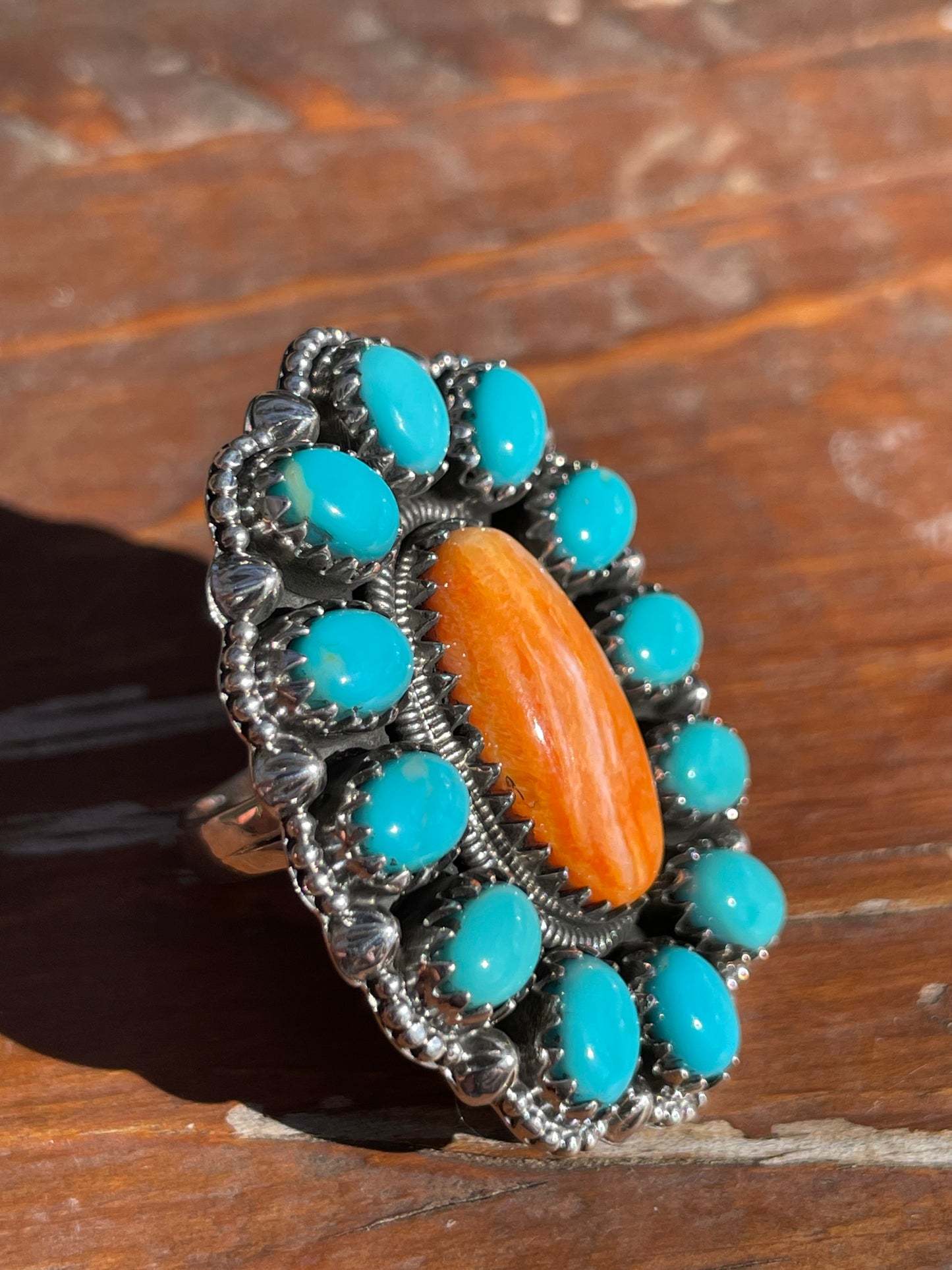 Spiny Oyster Kingman Turquoise Cluster Ring Size 7 | 925 Sterling Silver D105